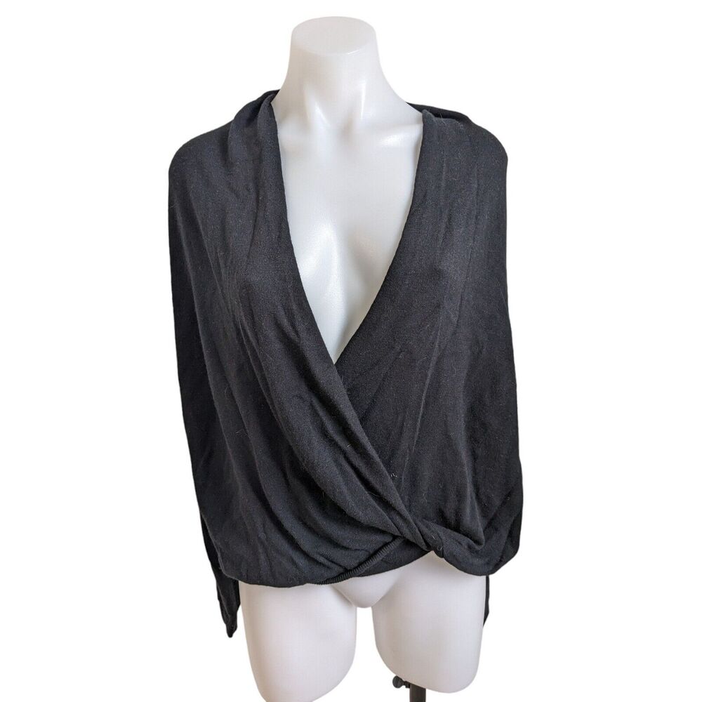 Joie Size Large Faux Wrap Cardigan Top Black V Neck Wool Blend Long Sleeves